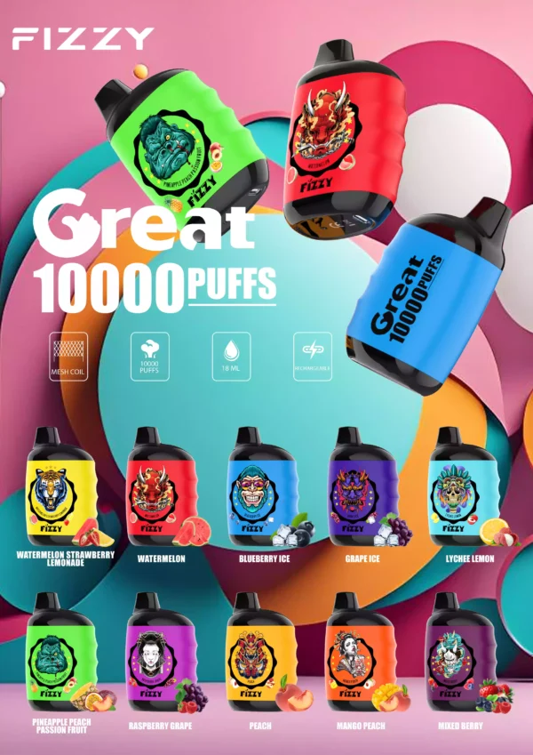 Fizzy Great 10000 Puffs 10K 2% 5% Nikotin 18ml Nagykereskedelmi eldobható Vapes 10 válogatott íz LCD képernyővel (9)