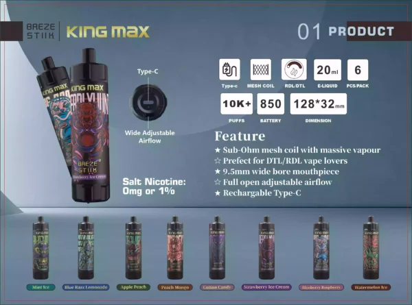 Nejlepší volba Breze Stiik King Max 10 000 oddechů 10K Typ C 0 1 Nicotine Factory Direct 20 ml 850 mAh Velkoobchod Jednorázové vapky 11 v měřítku