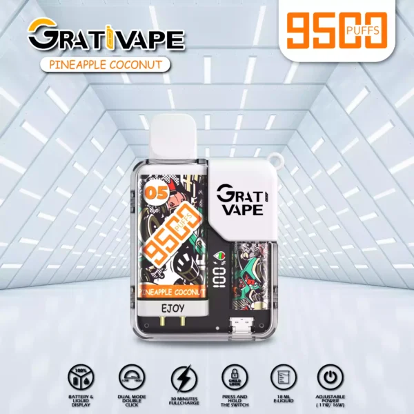 Dobro izdelan Vape Grativape Ejoy 9500 vpihov 0 2 3 5 nikotinski 18 ml 650 mAh veleprodajni vape za enkratno uporabo z nastavljivo močjo 4